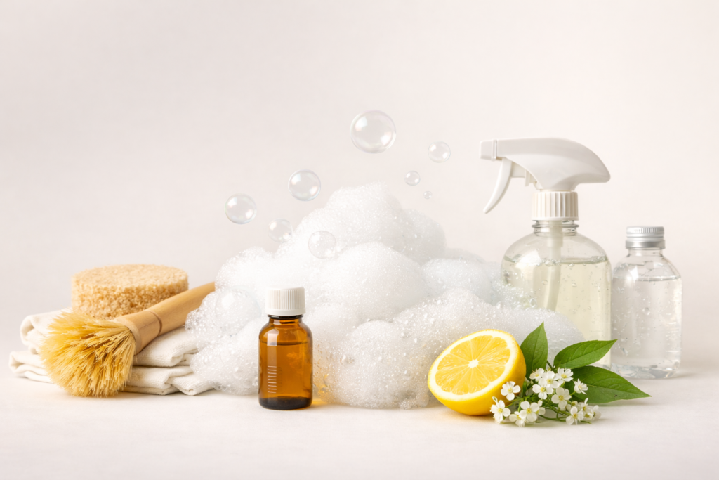 Produits de nettoyage écologiques avec citron, mousse savonneuse, brosse naturelle et spray pour entretien professionnel des surfaces